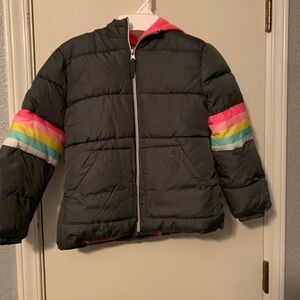 Pink Platinum Dark Gray Puffer Jacket with Colorful Stripes